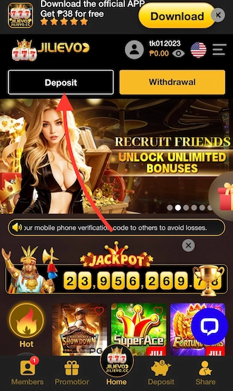 Step 1: JILIEVO casino login and log in to your betting account. Click on “Deposit” on the homepage.