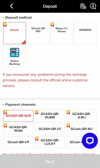 Step 2: In the suggested deposit methods, please select GCash. Then select 1 of the suggested GCash payment channels.